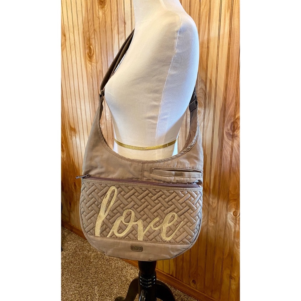 Lug Canopy Crossbody Bag Love Embroidered Olive Green Quilted Nylon